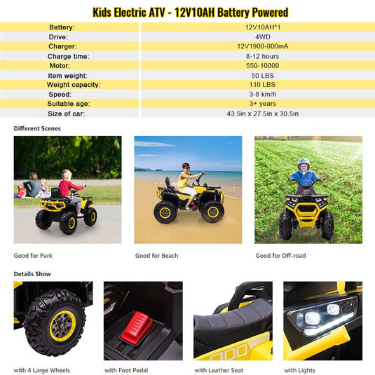 VILOBOS 12V Battery-Powered ATV Ride-On Toy with Music and Lights for Kids
