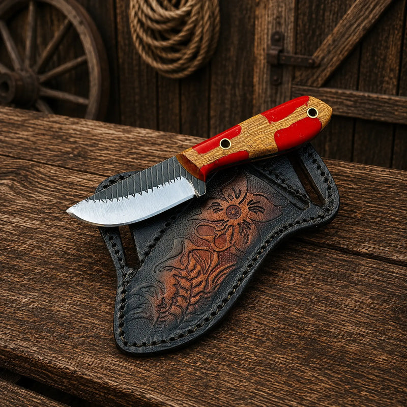 Load image into Gallery viewer, Compact Cowboy Skinning Knife – Rasp Steel with Belt Sheath
