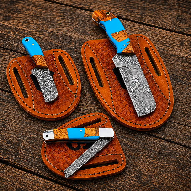 Load image into Gallery viewer, Cowboy Bull Cutter Knife Set – Damascus Steel Turquoise Handle
