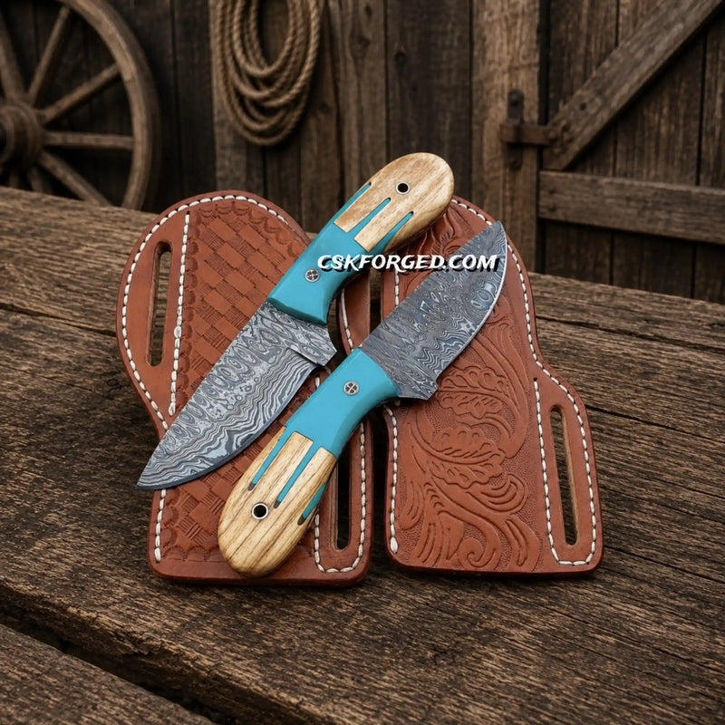 Load image into Gallery viewer, Cowboy Skinning Knife Set – Damascus Steel Blue Maverick Handle
