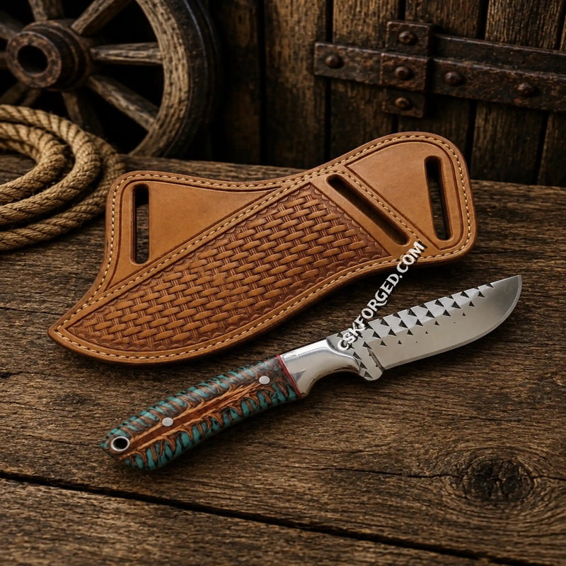 Load image into Gallery viewer, Cowboy Hunting Knife – Forged Rasp Steel with Pinecone Resin Handle
