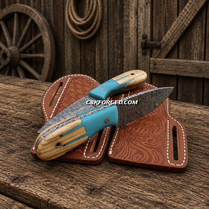 Load image into Gallery viewer, Cowboy Skinning Knife Set – Damascus Steel Blue Maverick Handle
