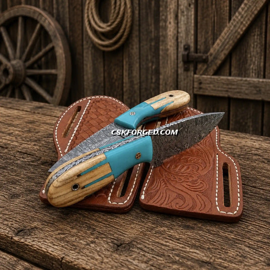 Cowboy Skinning Knife Set – Damascus Steel Blue Maverick Handle