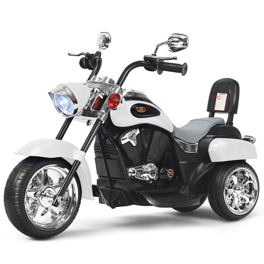 White 3-Wheel Chopper Motorcycle for Kids with Headlight and Horn