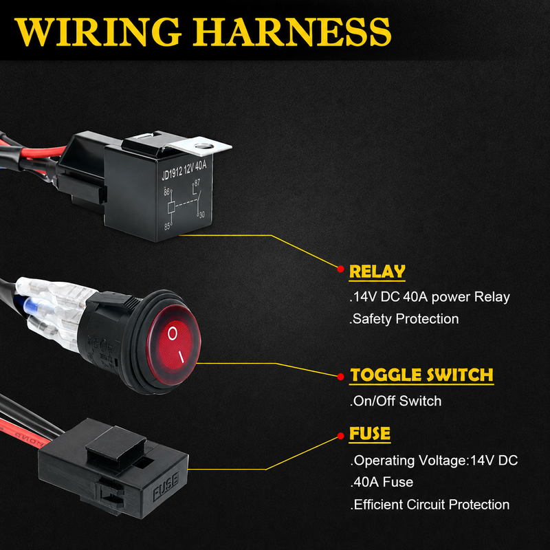 Load image into Gallery viewer, LED LIGHT BAR WIRING HARNESS KIT (2 LEADS 16AWG) WITH FUSE 12V 40A RELAY 3/4" ON/OFF SWITCH
