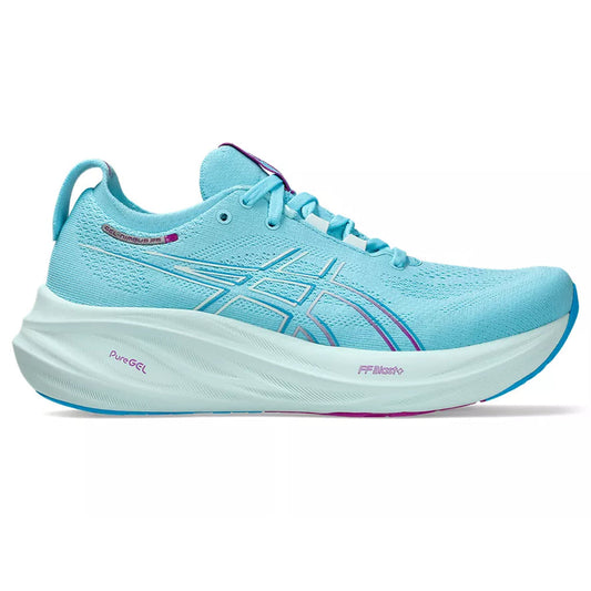 Women's Asics Gel-Nimbus 26, Bright Cyan/Bold Magenta, 6 B Medium - Skoutley Outdoors LLC