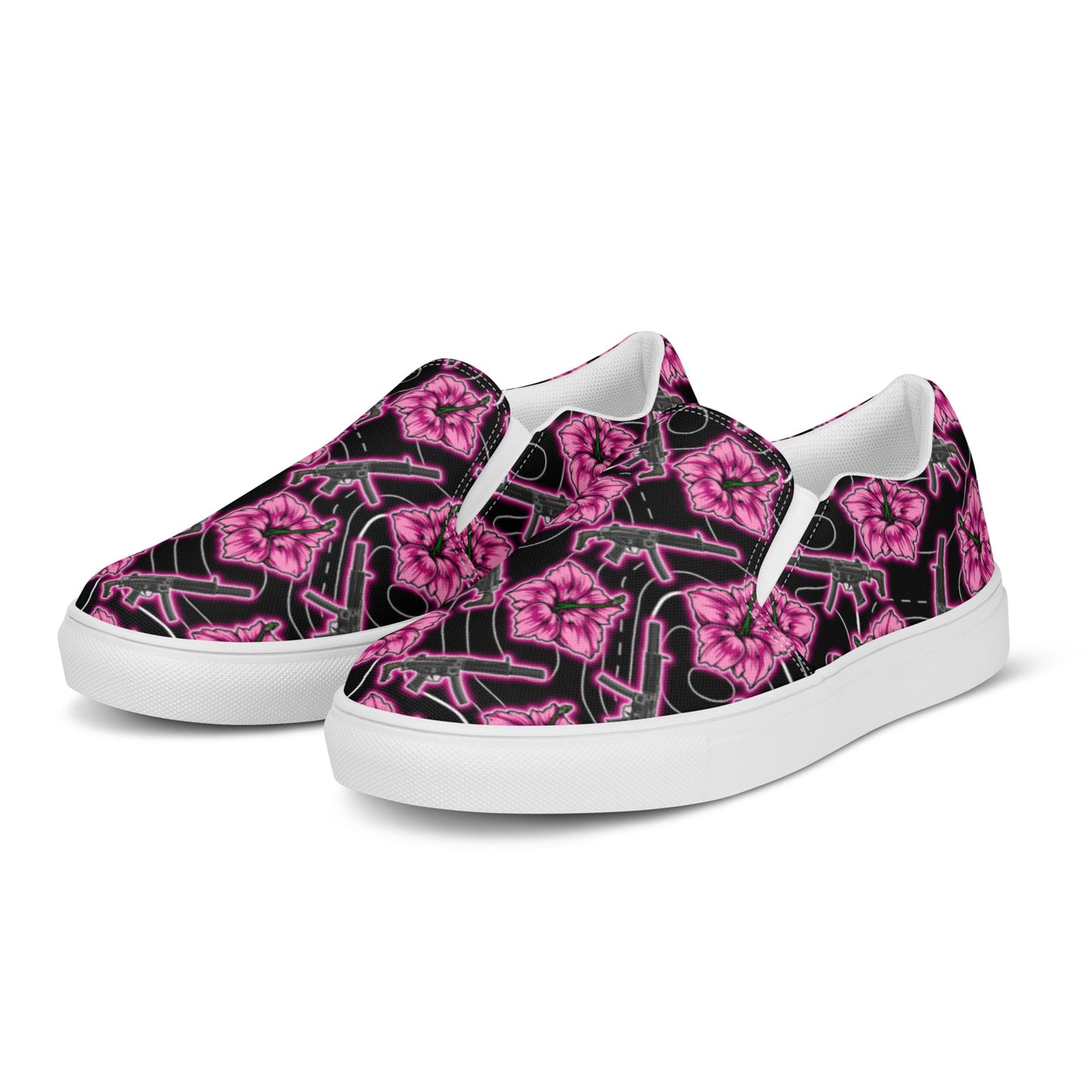 Rad Palm High Capacity Hibiscus Neon Black Women’s Slip-On Canvas Shoes