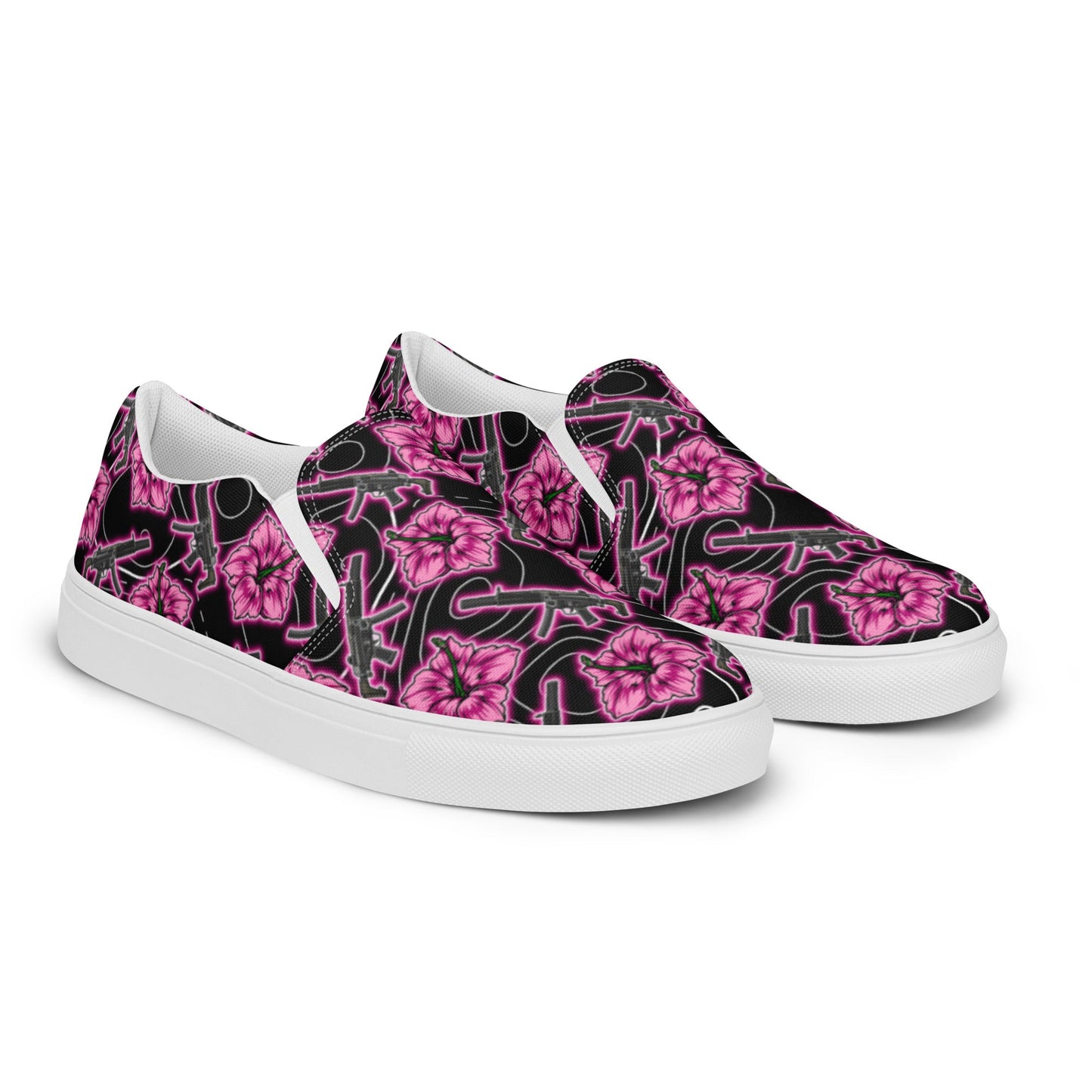 Rad Palm High Capacity Hibiscus Neon Black Women’s Slip-On Canvas Shoes