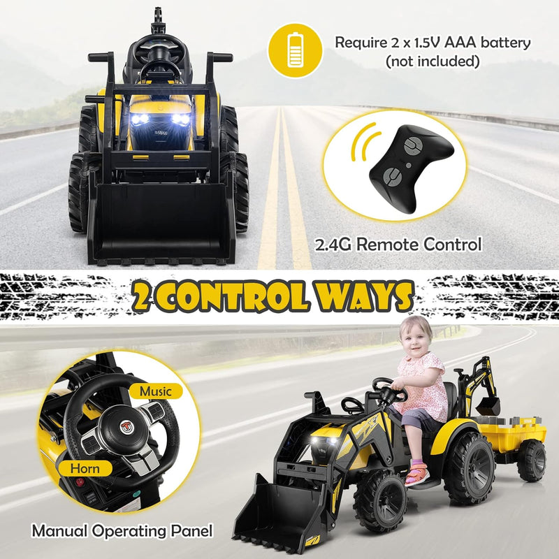 Load image into Gallery viewer, Yellow 12V Electric Ride-On Excavator Bulldozer Rubber Tires with Trailer for Kids - Remote Control Included
