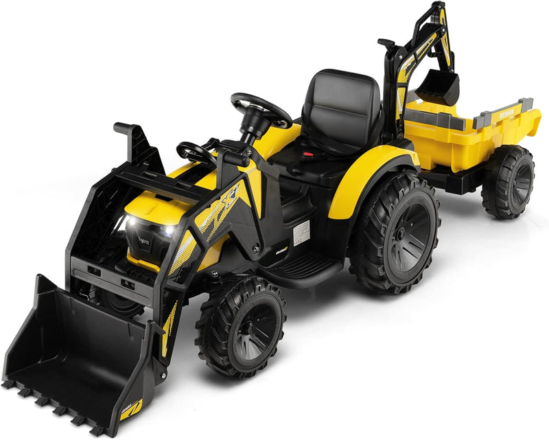 Load image into Gallery viewer, Yellow 12V Electric Ride-On Excavator Bulldozer Rubber Tires with Trailer for Kids - Remote Control Included
