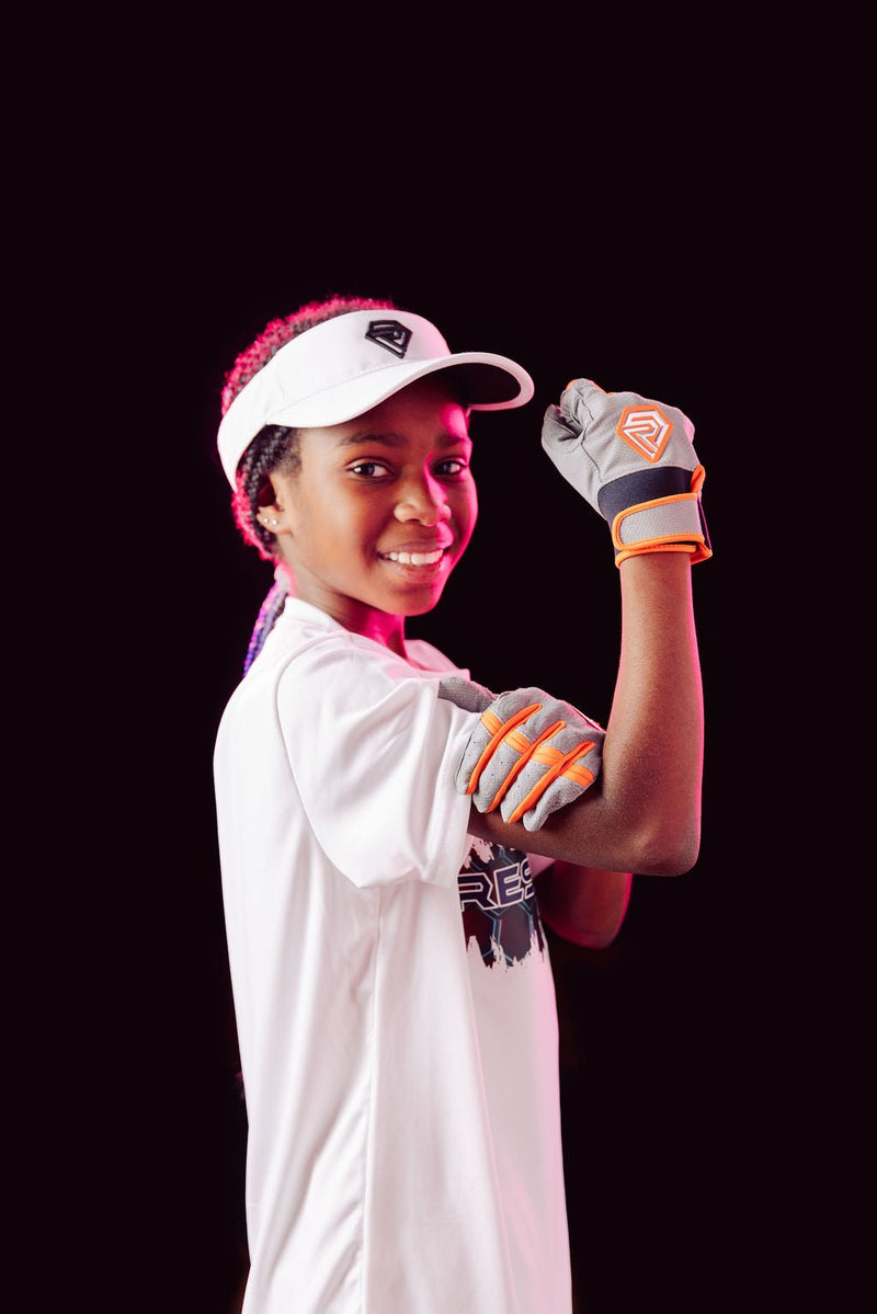 Load image into Gallery viewer, Youth Fastpitch Batting Gloves - Grey and Orange
