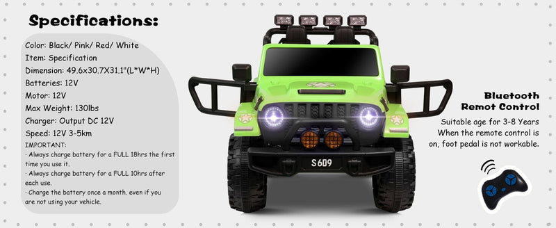 Load image into Gallery viewer, 12V Electric Kids Ride-On Jeep Truck with Remote Control Battery-Powered Car Green
