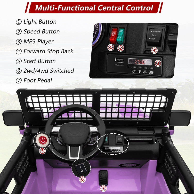 Load image into Gallery viewer, 24V Kids Electric Ride-On Truck Purple 2-Seater Switchable 4WD/2WD
