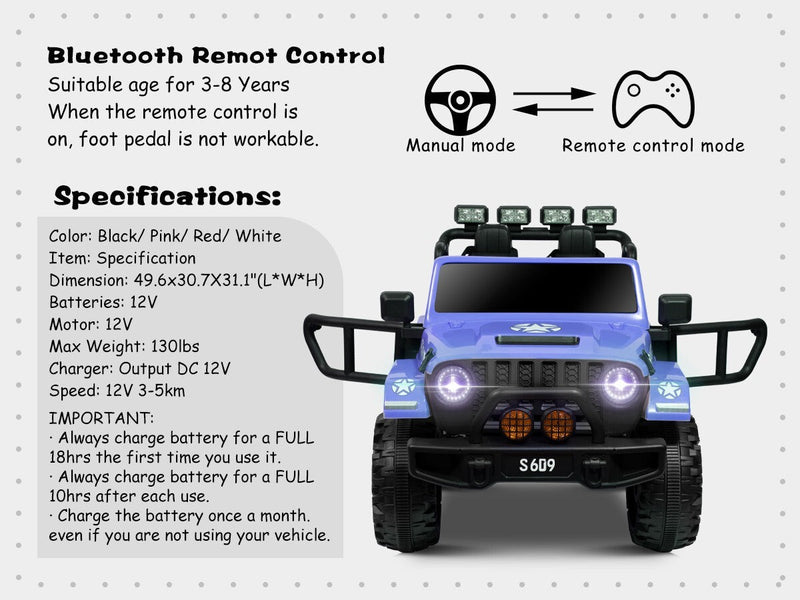 Load image into Gallery viewer, 12V Electric Ride-On Jeep Truck for Kids with 2 Seats, 3 Speeds, and Remote Control, Blue

