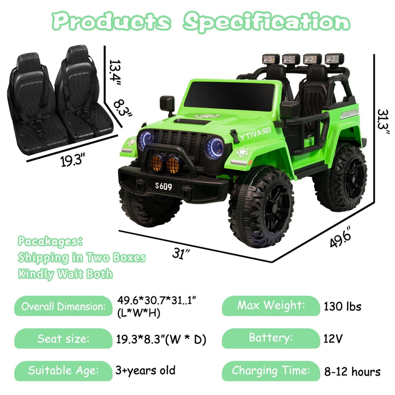 Load image into Gallery viewer, 12V Electric Ride-On Jeep Truck for Kids 2-Seater with 3 Speeds Green
